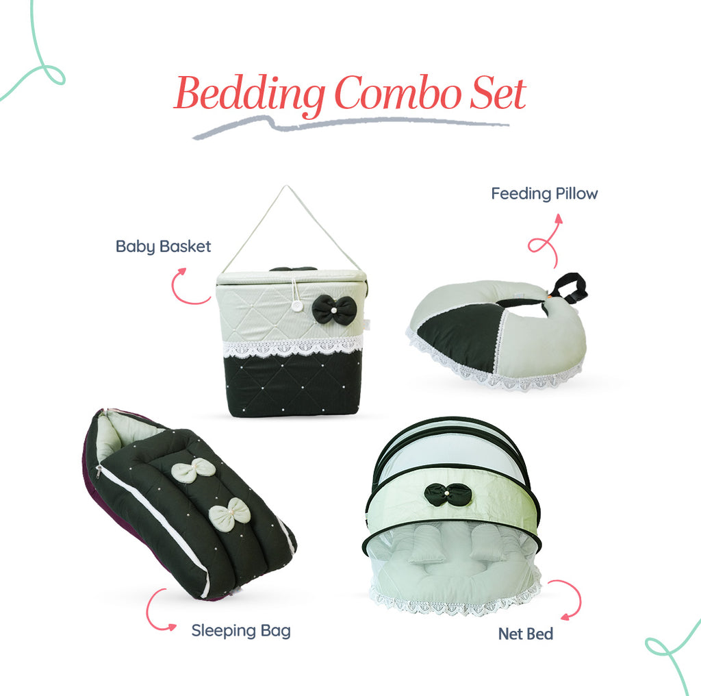 Adorables Baby Net Bedding Combo Set 4 in 1 | Light Green & Dark Green | Bow & Pearl Work | Cotton & Recron | Includes Hospital Bed, Feeding Pillow, Baby Sleeping Bag & Storage Basket