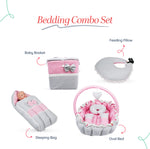 Adorables Baby Oval Bedding Combo Set 4 in 1 | Grey & Pink | Bow, Pearls & Lace Design | Cotton & Recron | With Oval Bed, Sleeping Bag, Basket (L) & Feeding Pillow