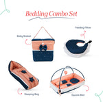 Adorables Baby Square Bedding Combo Set 4 in 1 | Turquoise Blue & Peach | Star Bow, Pearls & Lace Design | Cotton & Recron | Includes Square Bed, Sleeping Bag, Basket (L), and Feeding Pillow.