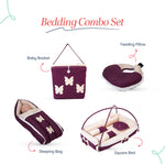 Adorables Baby Square Bedding Combo Set 4 in 1 | Purple & Beige | Butterfly Embroidery, Lace Design | Cotton & Recron | With Square Bed, Sleeping Bag, Basket (L) & Feeding Pillow