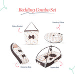 Adorables Baby Square Bedding Combo Set 4 in 1 | Coffee & White | Heart Print, Bow & Lace Design | Cotton & Recron | Includes Square Bed, Baby Holder, Basket (L), and Feeding Pillow.