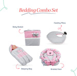 Adorables Baby Braided Bedding Combo Set 4 in 1 | Grey & Pink | Braided Nest, Lace & Pearl Detailing | Cotton & Recron | Includes Baby Nest, Sleeping Bag, Basket (L) & Feeding Pillow