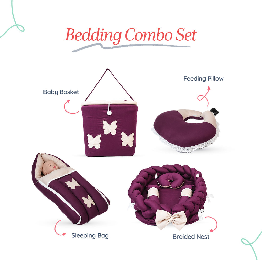 Adorables Baby Braided Bedding Combo Set 4 in 1 | Purple & Beige | Butterfly Embroidery, Lace Design | Cotton & Recron | Includes Braided Nest, Sleeping Bag, Basket (L), and Feeding Pillow