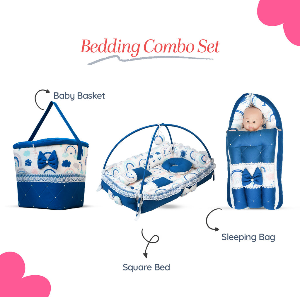 Adorables Baby Square Bedding Combo Set 3 in 1 | Royal Blue & White | Rainbow Print, Bow & Lace | Cotton & Recron | With Square Bed, Basket (L) & Baby Holder