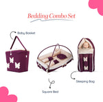 Adorables Baby Square Bedding Combo Set 3 in 1 | Purple & Beige | Butterfly Embroidery & Lace Design | Cotton & Recron | With Square Bed, Basket (L) & Sleeping Bag