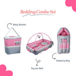 Adorables Baby Square Bedding Combo Set 3 in 1 | Grey & Pink | Bow, Pearls & Lace Design | Cotton & Recron | Includes Square Bed, Sleeping Bag & Storage Basket.