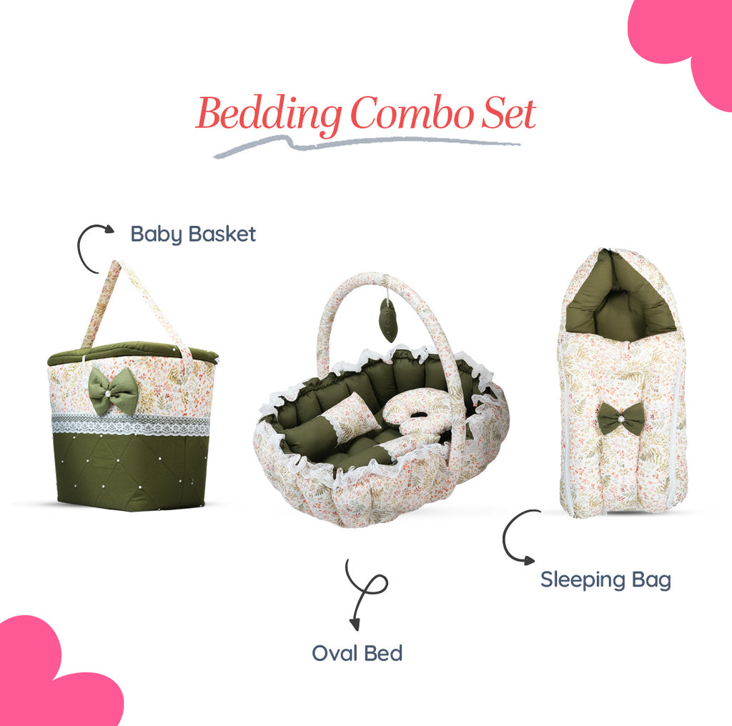 Adorables Baby Oval Bedding Combo Set 3 in 1 | Olive Green & Off White | Leaf Print, Lace & Bow Detailing | Cotton & Recron | Includes Oval Bed, Sleeping Holder & Storage Basket