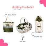 Adorables Baby Oval Bedding Combo Set 3 in 1 | Olive Green & Off White | Leaf Print, Lace & Bow Detailing | Cotton & Recron | Includes Oval Bed, Sleeping Holder & Storage Basket