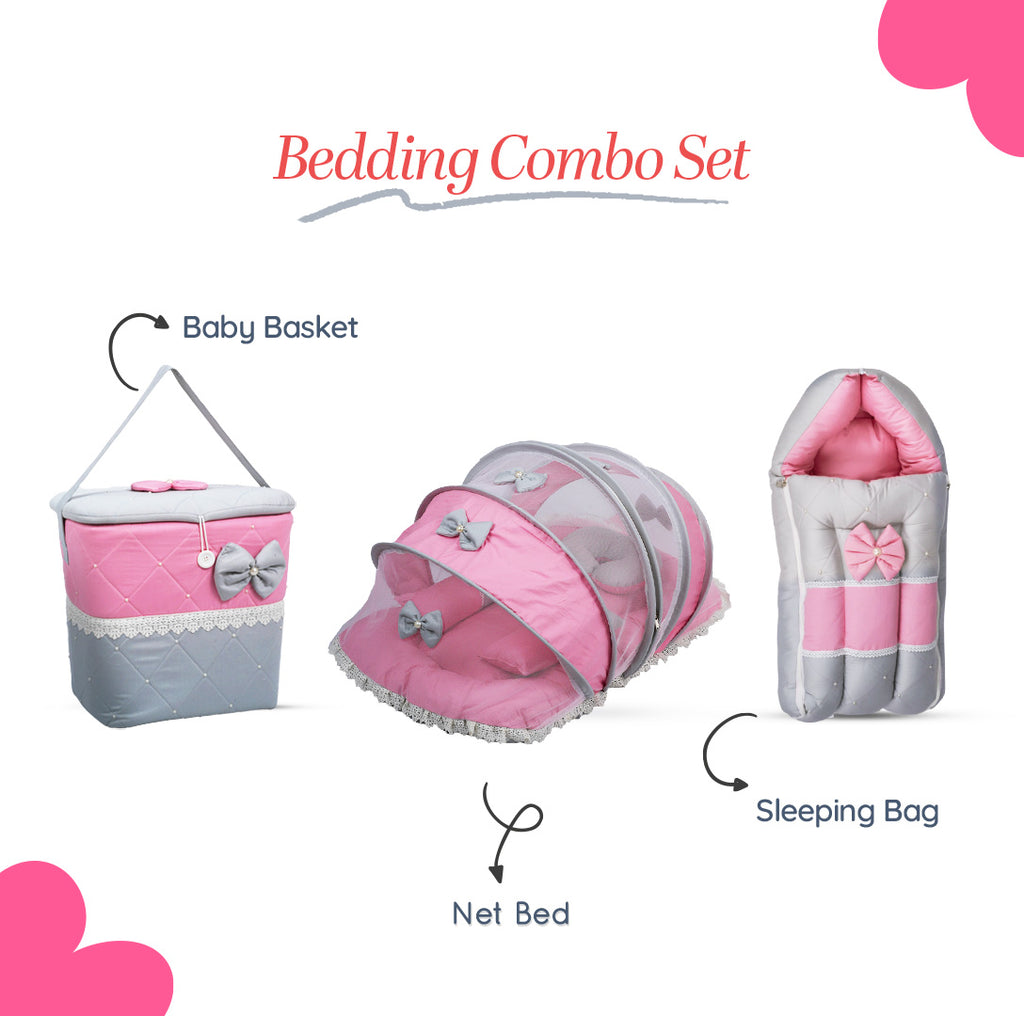 Adorables Baby Hospital Bedding Combo Set 3 in 1 | Grey & Pink | Lace & Bow Detailing | Cotton and Recron | With Hospital Bed, Basket (Large) and Sleeping Bag