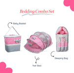 Adorables Baby Hospital Bedding Combo Set 3 in 1 | Grey & Pink | Lace & Bow Detailing | Cotton and Recron | With Hospital Bed, Basket (Large) and Sleeping Bag