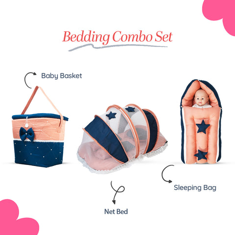 Adorables Baby Hospital Bedding Combo Set 3 in 1 | Turquoise Blue & Peach | Star Bow, Lace & Pearls | Cotton & Recron | Hospital Bed, Sleeping Bag & Basket (Large)  —