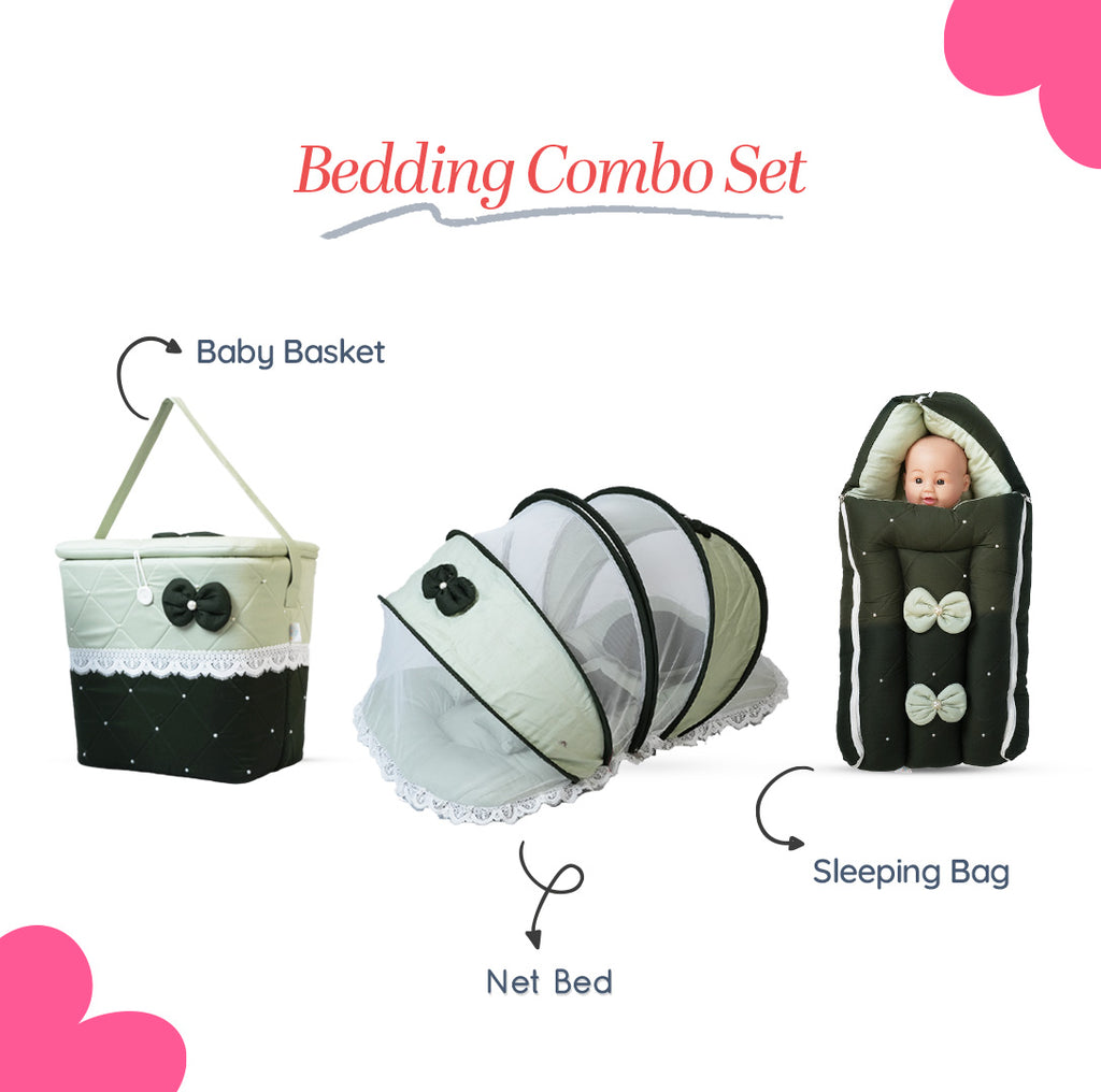 Adorables Baby Hospital Bedding Combo Set 3 in 1 | Light Green & Dark Green | Bow, Pearls & Lace Design | Cotton & Recron | Hospital Bed, Sleeping Bag & Basket (Large)
