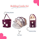 Adorables Baby Hospital Bedding Combo Set 3 in 1 | Purple & Beige | Butterfly & Double Bow Design, Lace Work | Cotton & Recron | Hospital Bed, Sleeping Bag & Basket (Large)