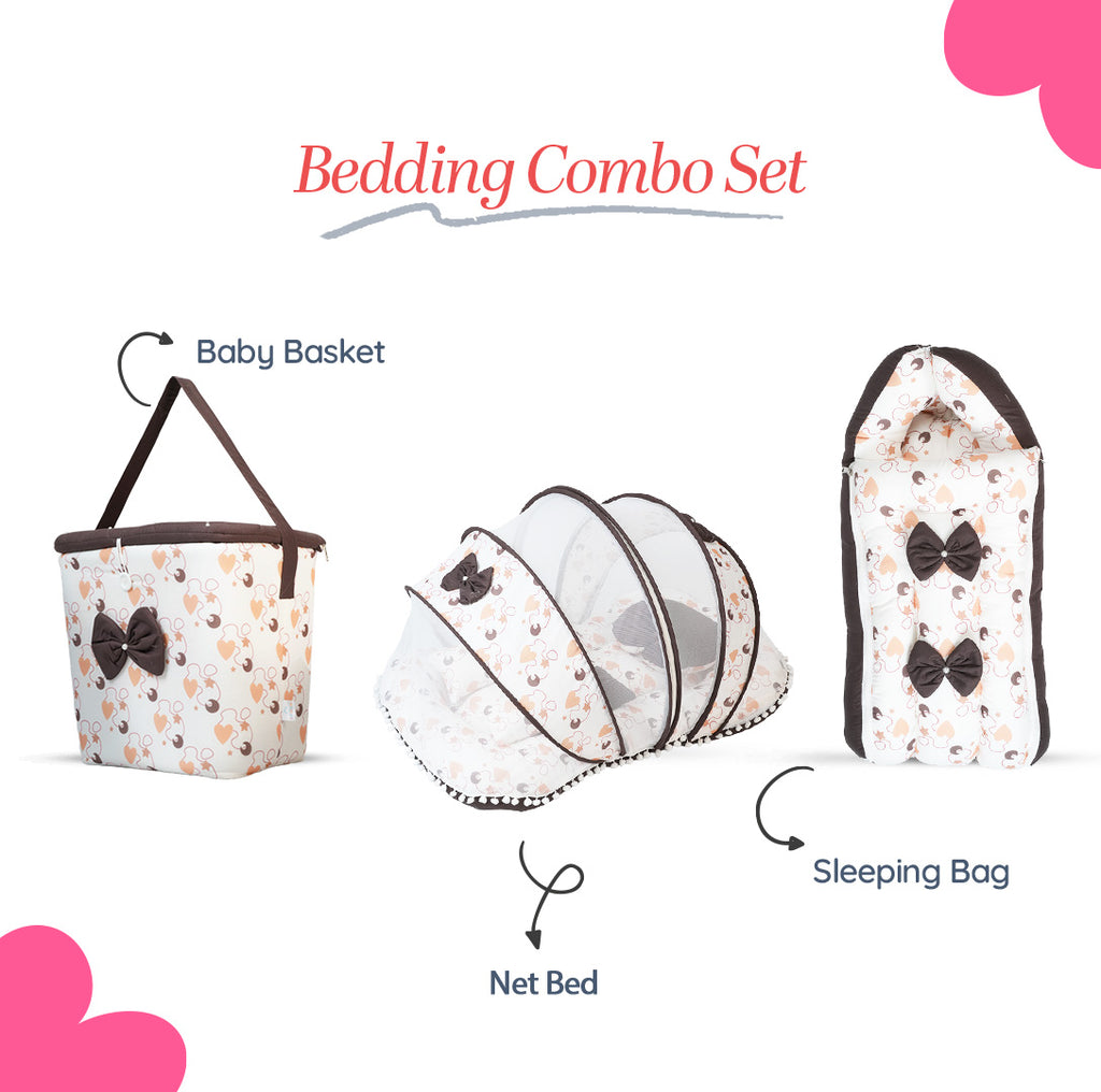 Adorables Baby Hospital Bedding Combo Set 3 in 1 | Dark Coffee & White | Heart Print, Bow & Lace Work | Cotton & Recron | Hospital Bed, Baby Holder & Basket (Large)