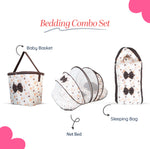 Adorables Baby Hospital Bedding Combo Set 3 in 1 | Dark Coffee & White | Heart Print, Bow & Lace Work | Cotton & Recron | Hospital Bed, Baby Holder & Basket (Large)
