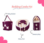 Adorables Baby Nest Bedding Combo Set 3 in 1 | Purple & Beige | Butterfly Embroidery | Cotton & Recron | With Nest Bed, Basket (L) & Sleeping Bag