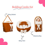 Adorables Baby Nest Bedding Combo Set 3 in 1 | Coffee & Off White | Check & Bow Work Design | Cotton & Recron | With Nest Bed, Basket (L) & Sleeping Bag