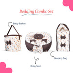 Adorables Baby Nest Bedding Combo Set 3 in 1 | Dark Coffee & White | Heart Print & Lace Design | Cotton & Recron | With Nest Bed, Basket (L) & Sleeping Bag
