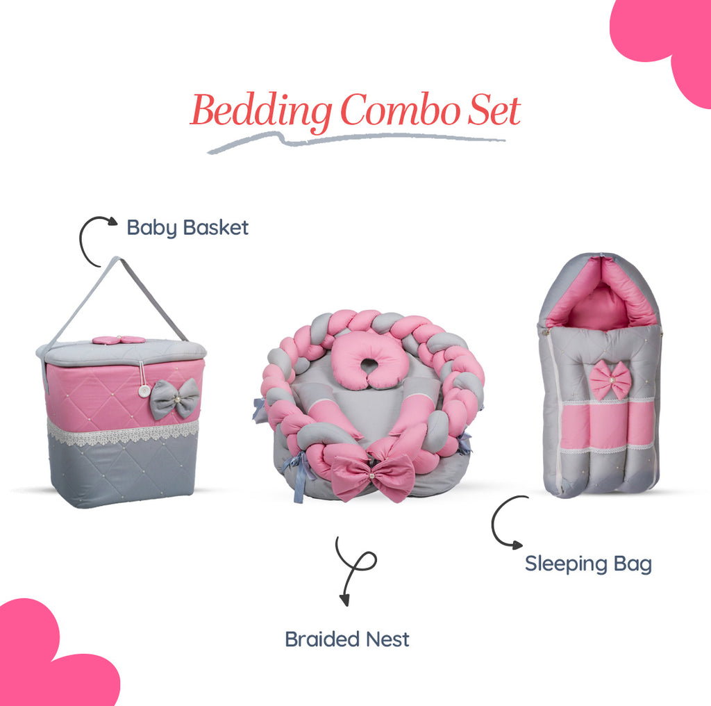 Adorables Baby Braided Bedding Combo Set 3 in 1 | Grey & Pink | Bow & Pearl Work, Lace Design | Cotton & Recron | With Braided Nest, Basket (L) & Sleeping Bag