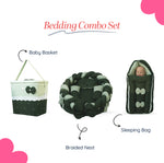Adorables Baby Braided Bedding Combo Set 3 in 1 | Light Green & Dark Green | Bow & Pearl Work, Lace Design | Cotton & Recron | With Braided Nest, Basket (L) & Sleeping Bag
