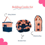 Adorables Baby Braided Bedding Combo Set 3 in 1 | Turquoise Blue & Peach | Bow, Pearls & Lace Design | Cotton & Recron | With Braided Nest, Basket (L) & Sleeping Bag