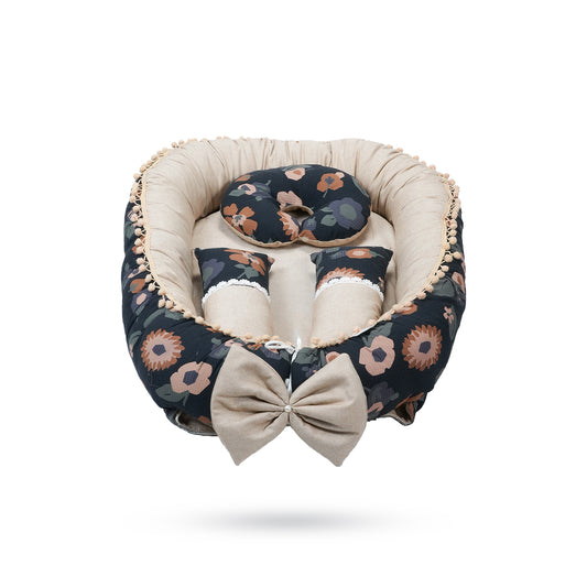 Adorables Baby Nest | Black & Beige | Floral Print | Cotton & Recron | With Removable Net & Pillows