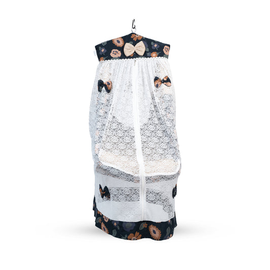 Adorables Bed Cradle | Black & Beige | Cotton with Recron | Floral Print | Includes Star Hangings and Removable Net