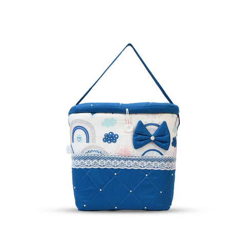 Adorables Baby Nest Bedding Combo Set 3 in 1 | Royal Blue & White | Rainbow Print, Bow & Lace Design | Cotton & Recron | Includes Nest Bed, Basket (L) & Baby Holder