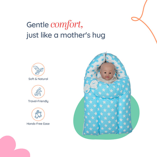 Adorables Baby Sleeping Bag | Sky Blue & White | Star Print & Bow Work | Cotton & Recron