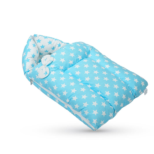 Adorables Baby Sleeping Bag | Sky Blue & White | Star Print & Bow Work | Cotton & Recron