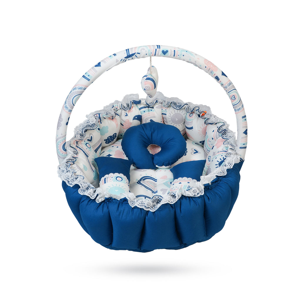 Adorables Baby Oval Bedding Combo Set 3 in 1 | Royal Blue & White | Rainbow Print, Lace, Bow and Pearl Design | Cotton and Recron | With Oval Bed, Basket (Large) and Baby Holder