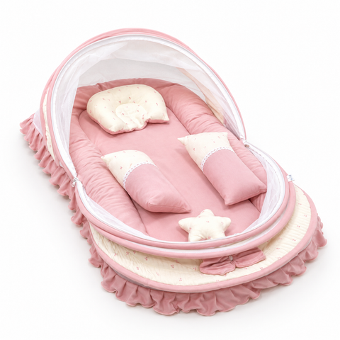 Adorables Baby Mesh Infant Bed |  Cherry Blush & Pink  | Bow Work & Lace Design | Rexin, Cotton & Recron (Copy)