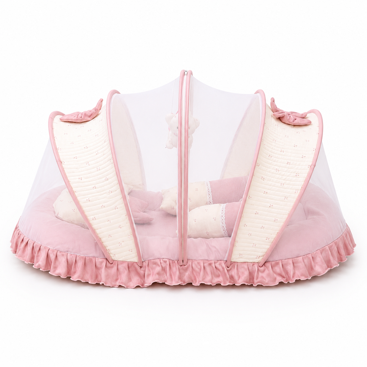 Adorables Baby Mesh Infant Bed |  Cherry Blush & Pink  | Bow Work & Lace Design | Rexin, Cotton & Recron (Copy)