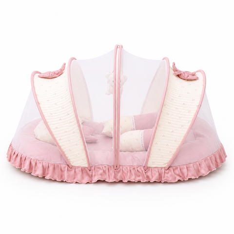 Adorables Baby Mesh Infant Bed |  Cherry Blush & Pink  | Bow Work & Lace Design | Rexin, Cotton & Recron (Copy)