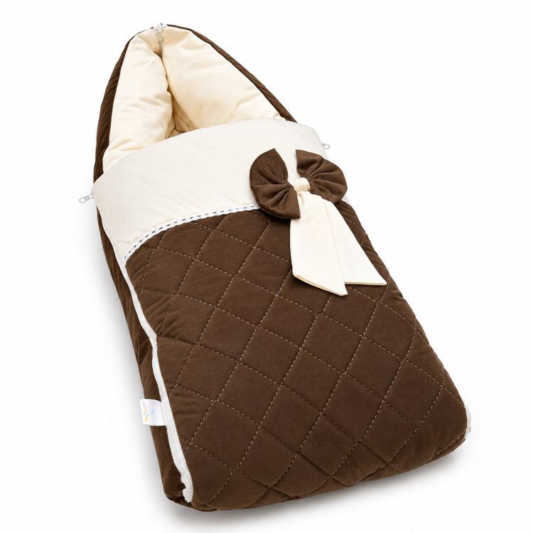 Adorables Sleeping Bag for Newborn | Chocolate Brown & Off White | Rexin & Cotton | Bow Work & Lace Frill Design