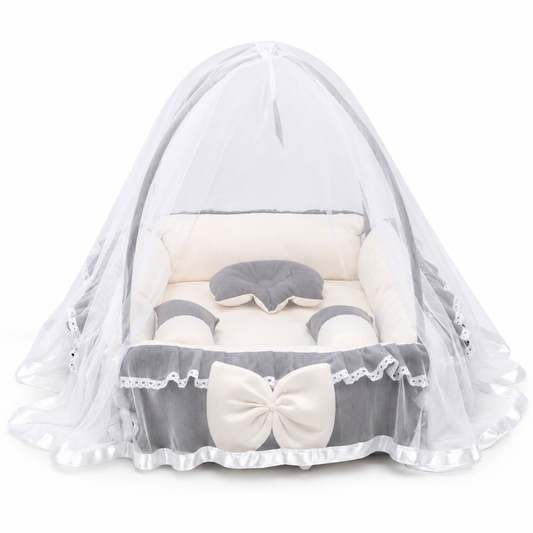 Adorables Square Bed | Chocolate Brown & Off White | Hanging Pillow, Lace Design | Rexin and Cotton with Recron