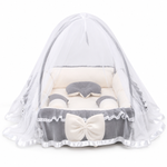 Adorables Square Bed | Chocolate Brown & Off White | Hanging Pillow, Lace Design | Rexin and Cotton with Recron