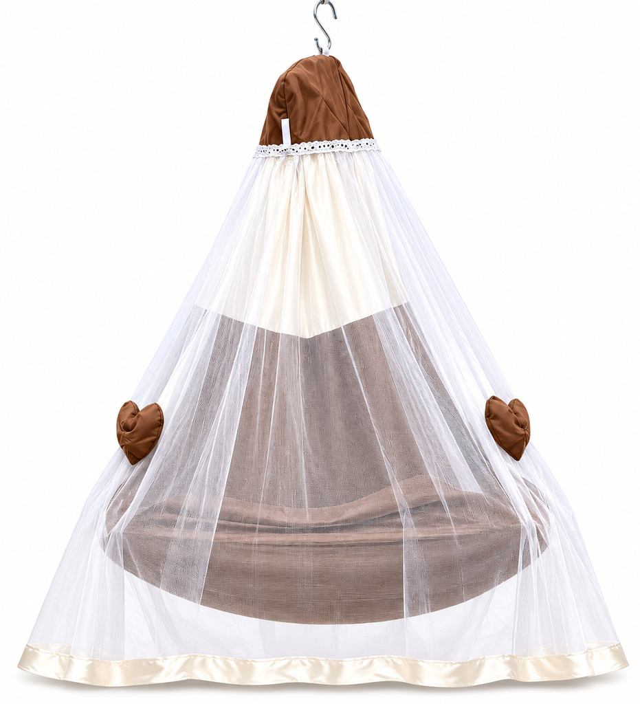 Adorables Baby Cradle for Newborn | Bed Cradle Set | Chocolate Brown | Rexin & Cotton with Recron Filling | Includes Net & Star Hangings
