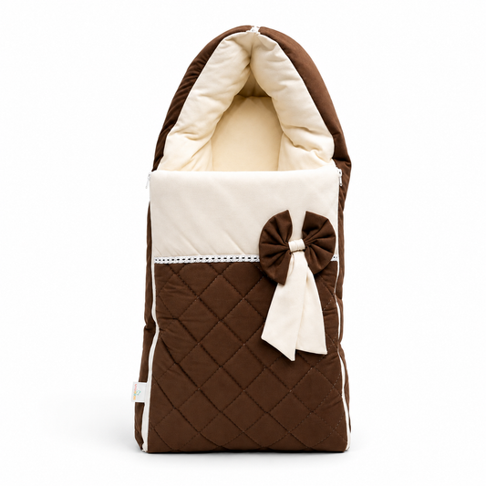 Adorables Sleeping Bag for Newborn | Chocolate Brown & Off White | Rexin & Cotton | Bow Work & Lace Frill Design
