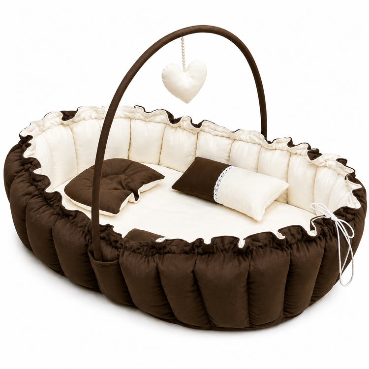 Adorables Baby Bed for Newborn | Oval Bed | Chocolate Brown & Off White | Rexin, Cotton & Recron | With Removable Net
