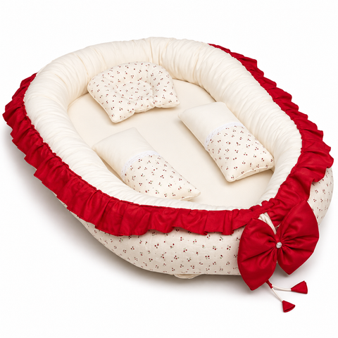 Adorables Baby Nest | Rose Melody & Off White | Cotton & Recron | With Removable Net & Pillows
