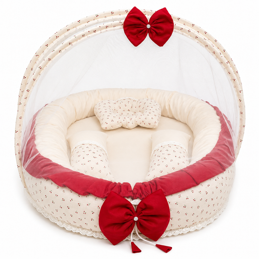Adorables Baby Nest | Rose Melody & Off White | Cotton & Recron | With Removable Net & Pillows