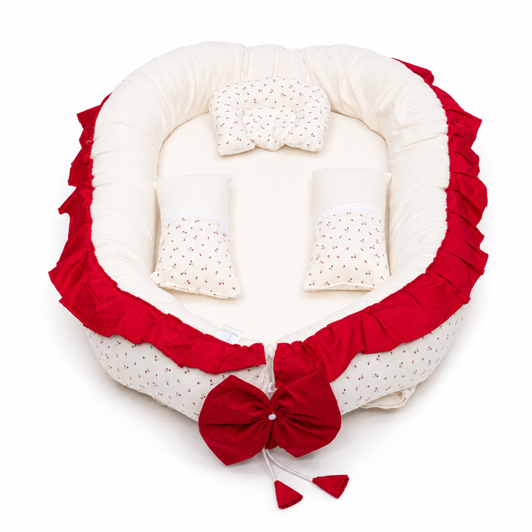 Adorables Baby Nest | Rose Melody & Off White | Cotton & Recron | With Removable Net & Pillows