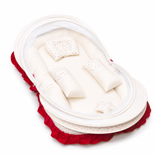 Adorables Baby Mesh Infant Bed | Rose Melody Print & Off White | Bow Work & Lace Design | Crinkle Cotton & Recron