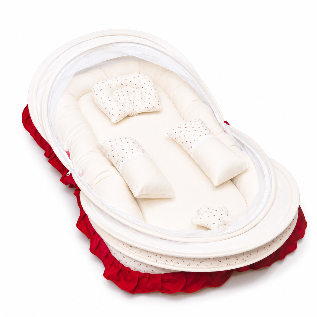 Adorables Baby Mesh Infant Bed | Rose Melody Print & Off White | Bow Work & Lace Design | Crinkle Cotton & Recron