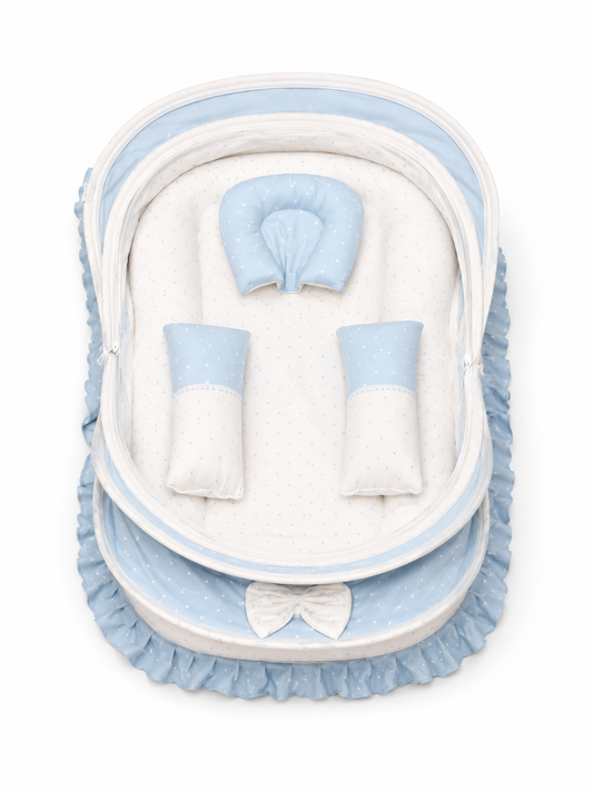 Adorables Baby Mesh Infant Bed | Twinkle Blue & White Star | Bow Work & Lace Design | Soft Cotton & Recron