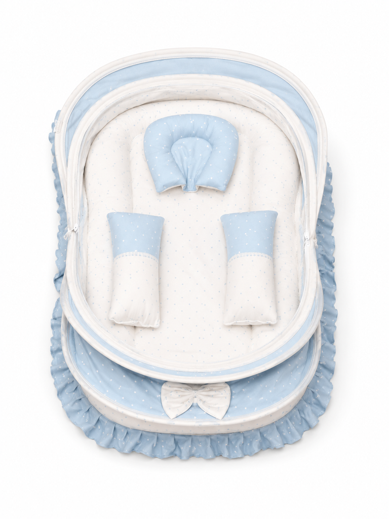 Adorables Baby Mesh Infant Bed | Twinkle Blue & White Star | Bow Work & Lace Design | Soft Cotton & Recron