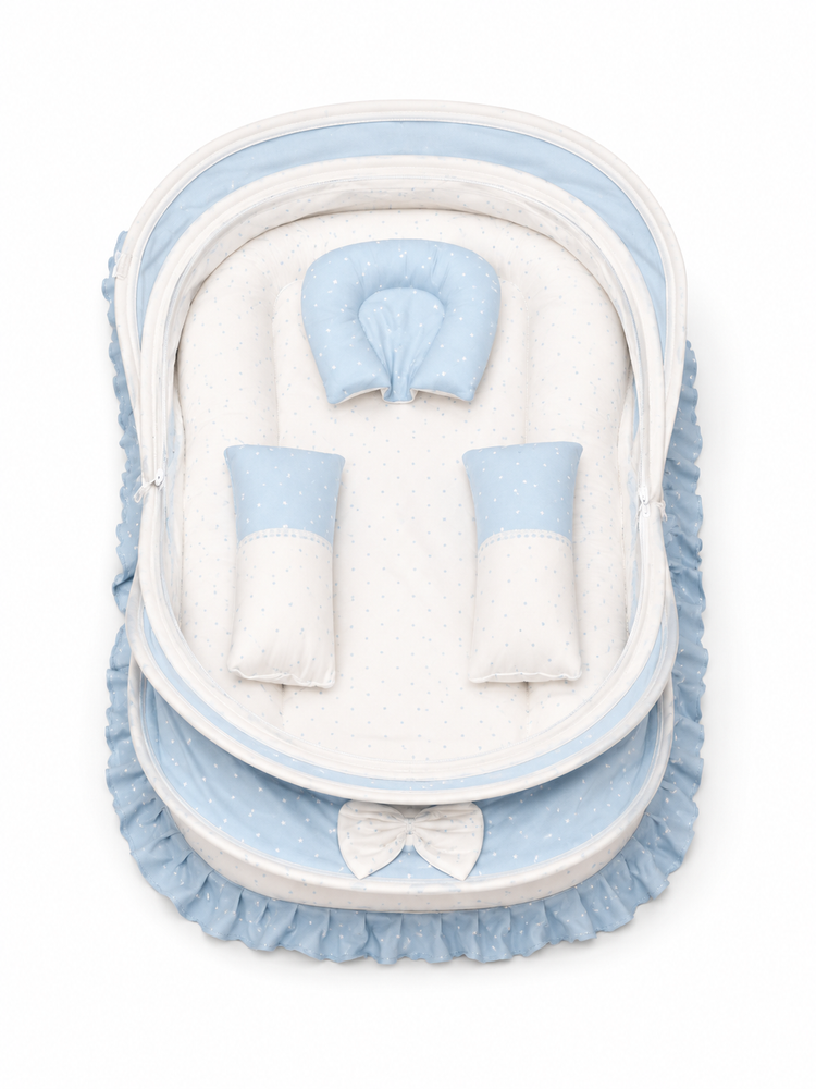 Adorables Baby Mesh Infant Bed | Twinkle Blue & White Star | Bow Work & Lace Design | Soft Cotton & Recron
