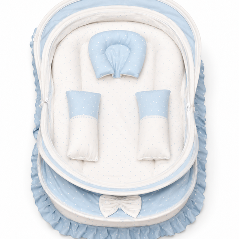 Adorables Baby Mesh Infant Bed | Twinkle Blue & White Star | Bow Work & Lace Design | Soft Cotton & Recron