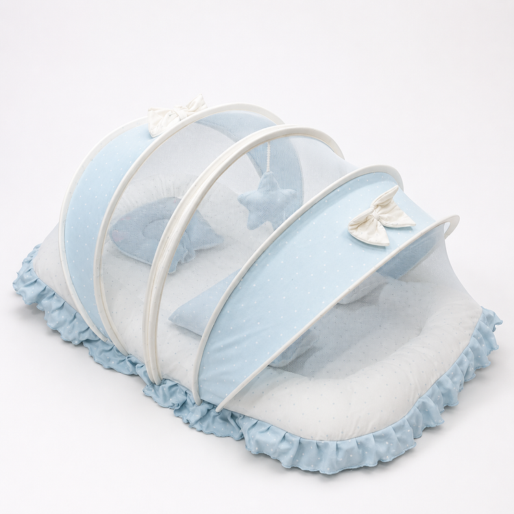 Adorables Baby Mesh Infant Bed | Twinkle Blue & White Star | Bow Work & Lace Design | Soft Cotton & Recron